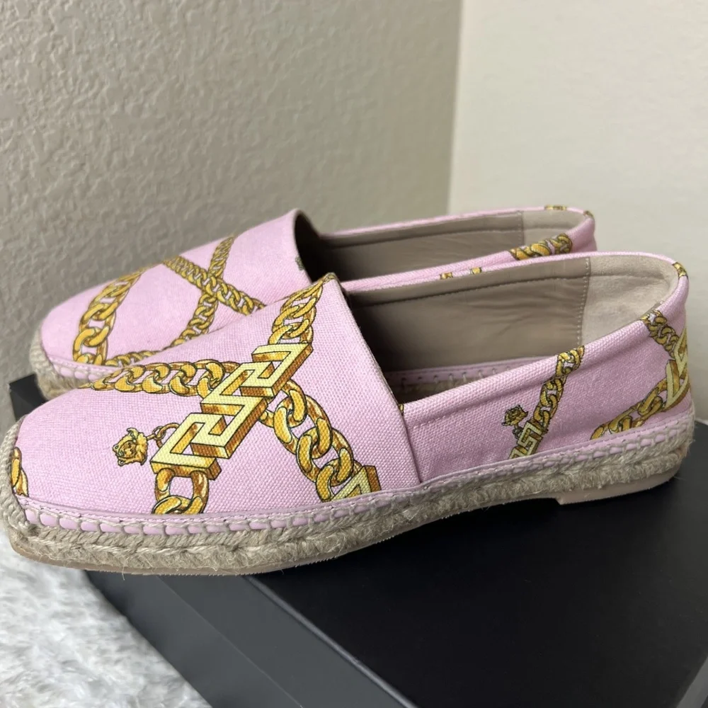 Versace Pink & Gold Chain Print Espadrilles - Picture 4 of 8